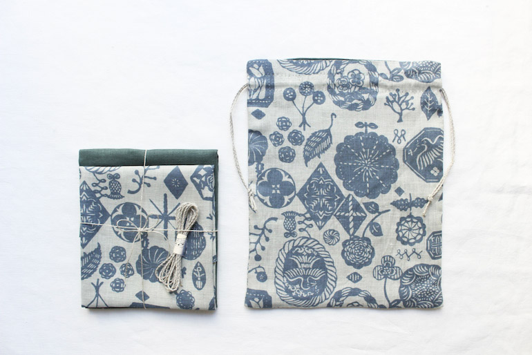 リネンプリント花図案吹寄グリーンで<br />巾着セット